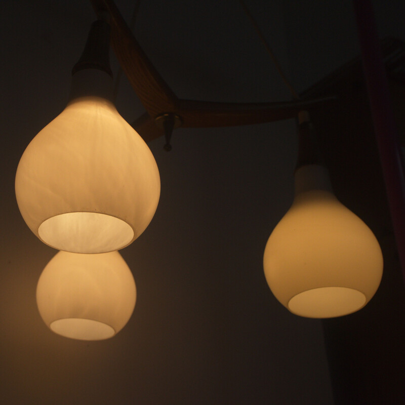 Midc entury teak pendant lamp with 3 white glasses, 1960s