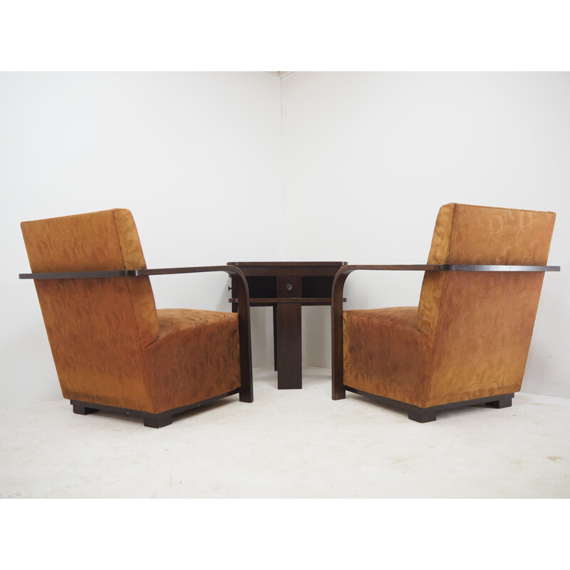 Pair of vintage Art deco armchairs with coffee table, 1930s