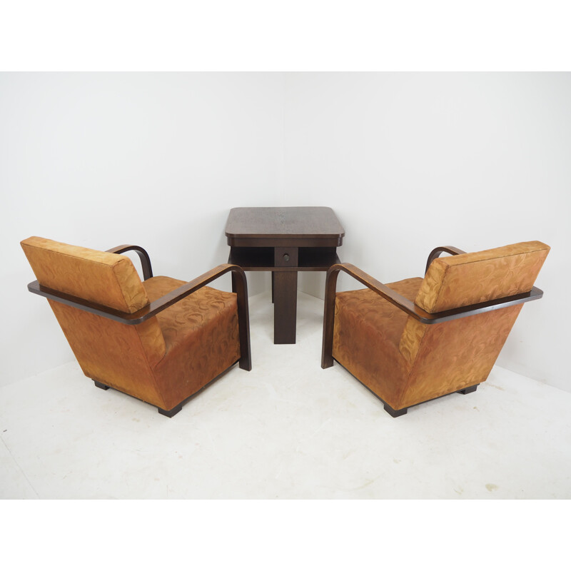 Pair of vintage Art deco armchairs with coffee table, 1930s