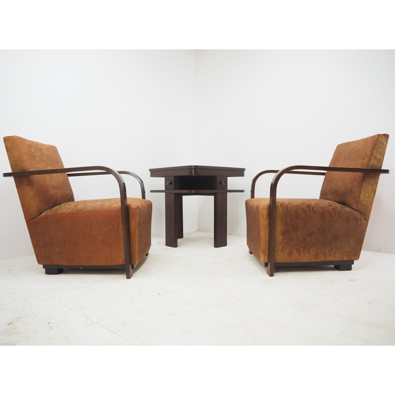 Pair of vintage Art deco armchairs with coffee table, 1930s