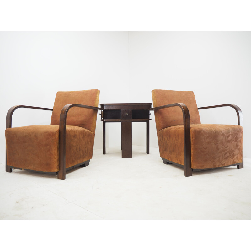 Pair of vintage Art deco armchairs with coffee table, 1930s