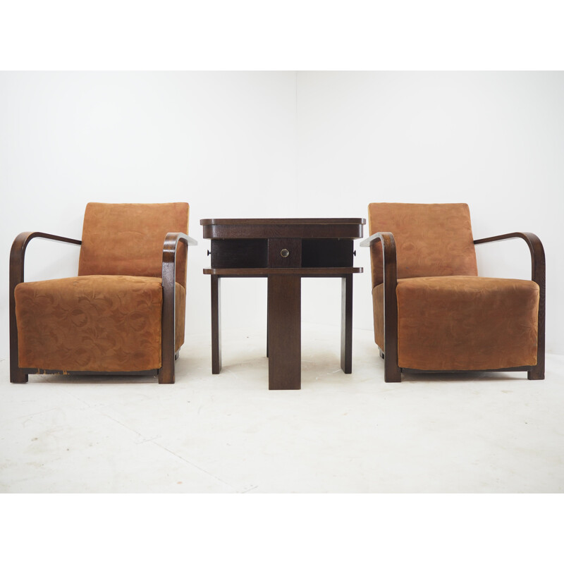 Pair of vintage Art deco armchairs with coffee table, 1930s