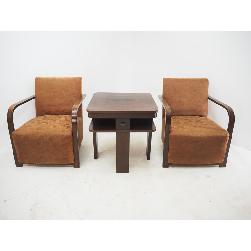 Pair of vintage Art deco armchairs with coffee table, 1930s