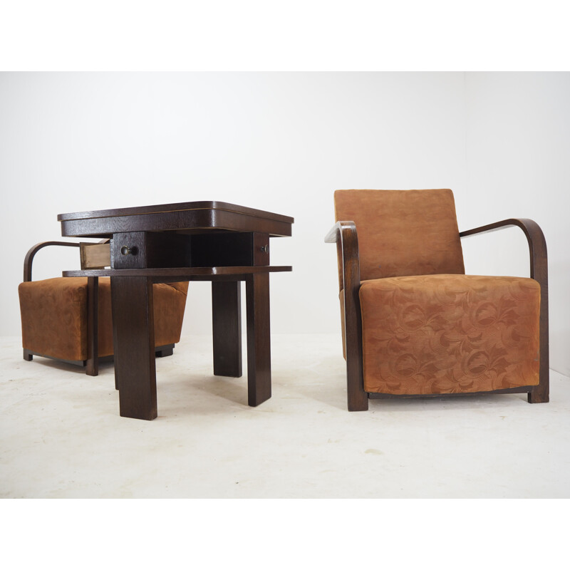 Pair of vintage Art deco armchairs with coffee table, 1930s