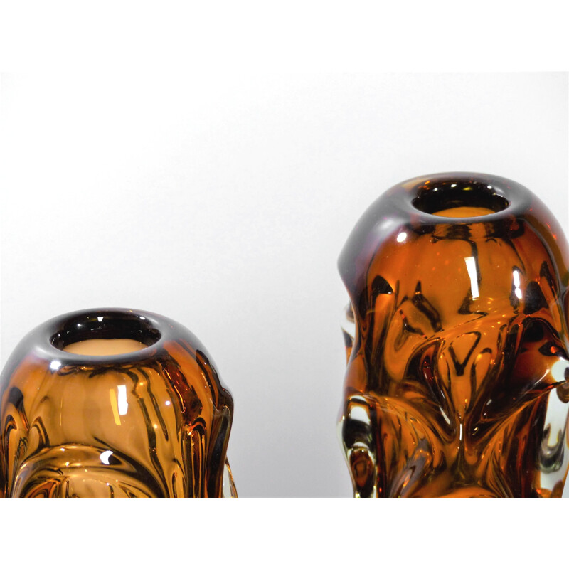 Pair of vintage amber glass vases by Jan Beranek for Skrdlovice, 1959