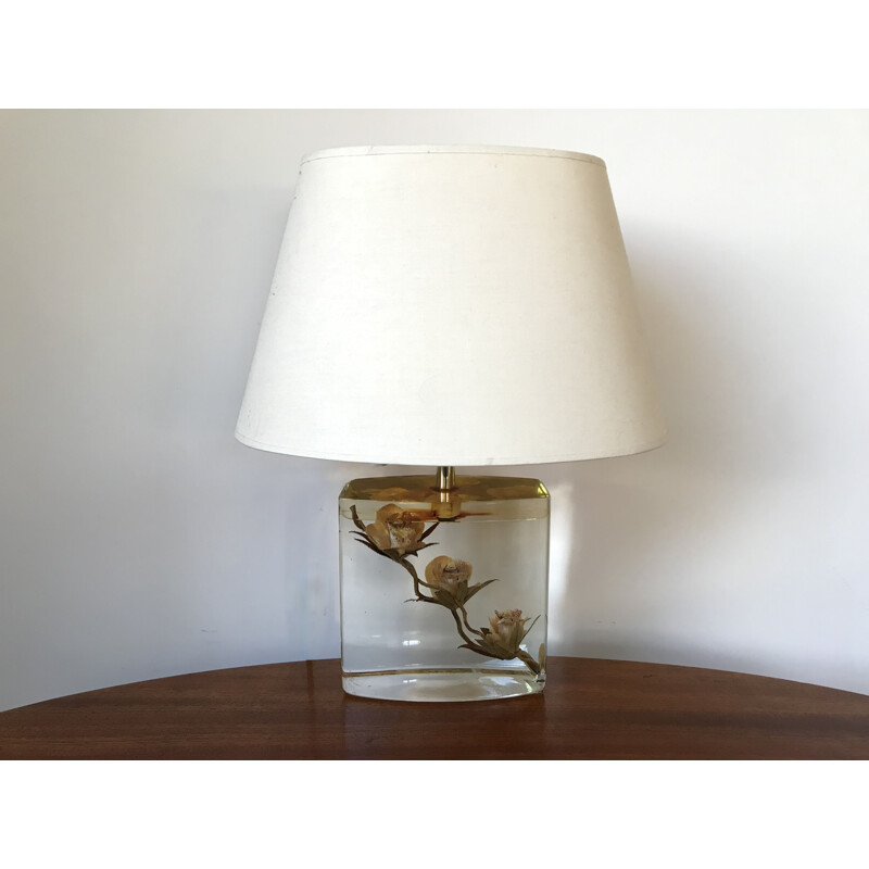 Vintage glass lamp with flower inclusion, 1980