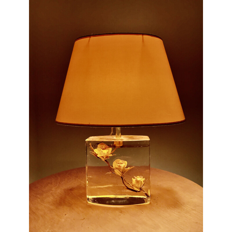 Vintage glass lamp with flower inclusion, 1980