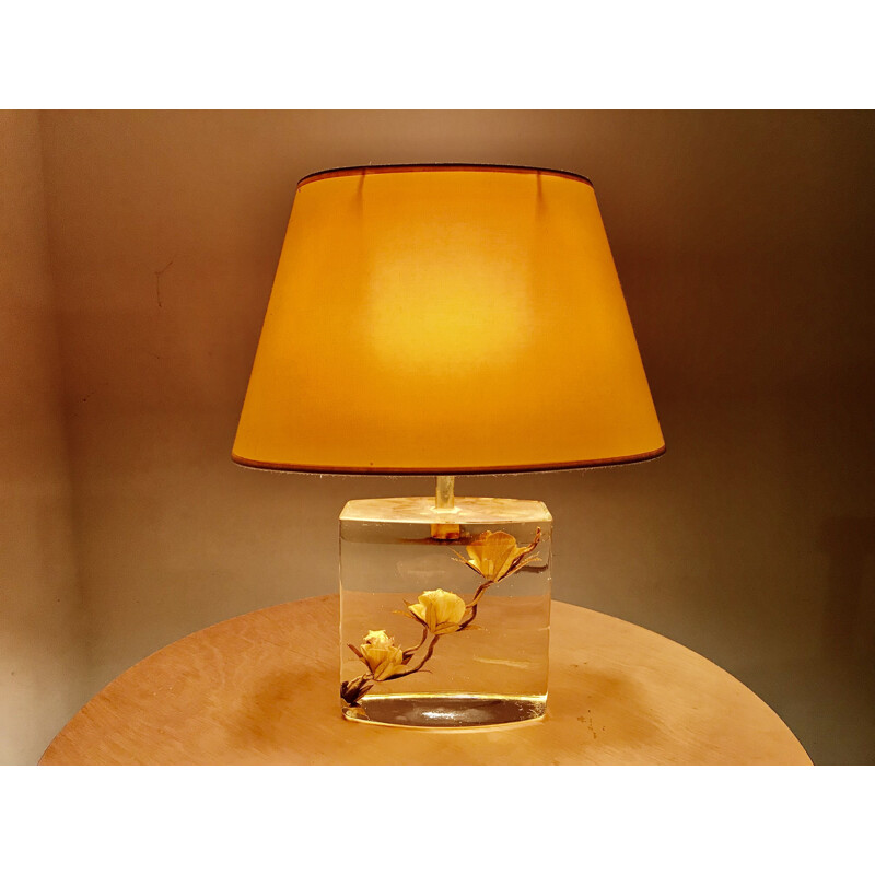 Lampe vintage en verre à inclusion de fleurs, 1980