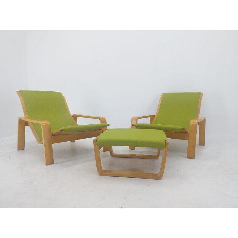 Paire de fauteuils et repose-pieds vintage "Pulkka" par Ilmari Lappalainen pour Asko, Finlande 1970