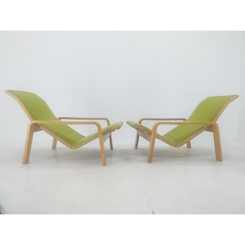 Paire de fauteuils et repose-pieds vintage "Pulkka" par Ilmari Lappalainen pour Asko, Finlande 1970