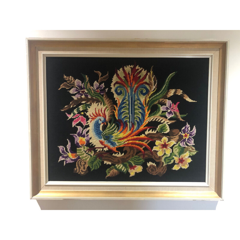 Framed vintage rooster tapestry, 1970