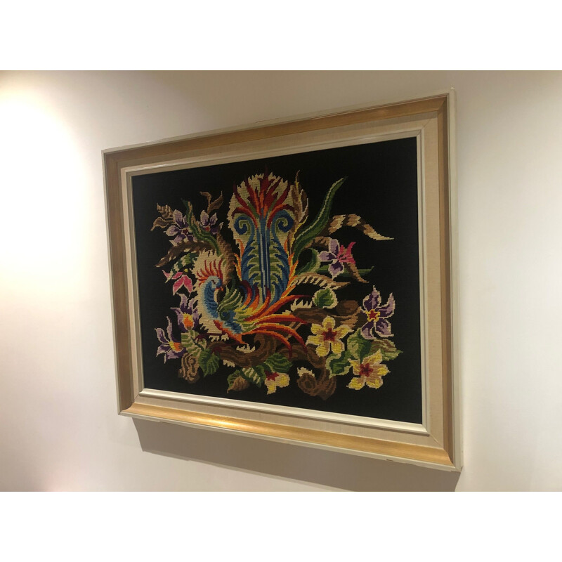 Framed vintage rooster tapestry, 1970