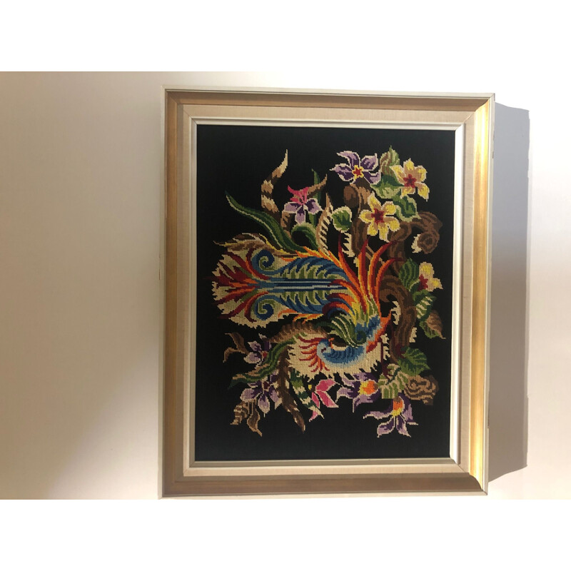 Framed vintage rooster tapestry, 1970
