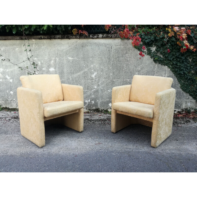 Pair of vintage cubist armchairs in patterned fabric