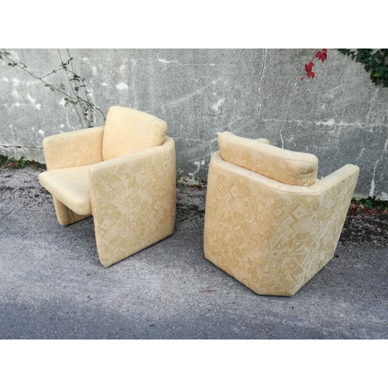 Pair of vintage cubist armchairs in patterned fabric