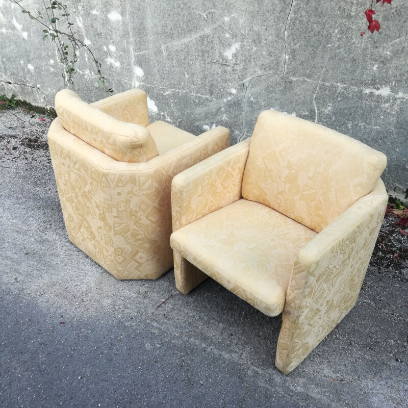 Pair of vintage cubist armchairs in patterned fabric