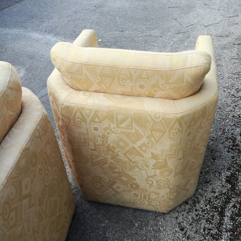 Pair of vintage cubist armchairs in patterned fabric