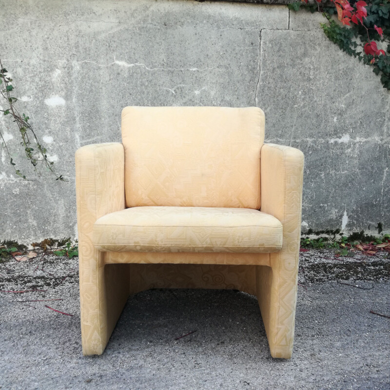 Pair of vintage cubist armchairs in patterned fabric