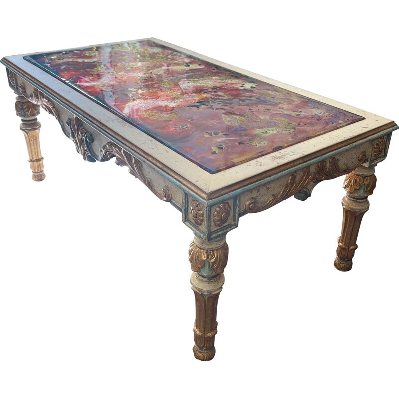 Table basse vintage style baroque en verre coloré