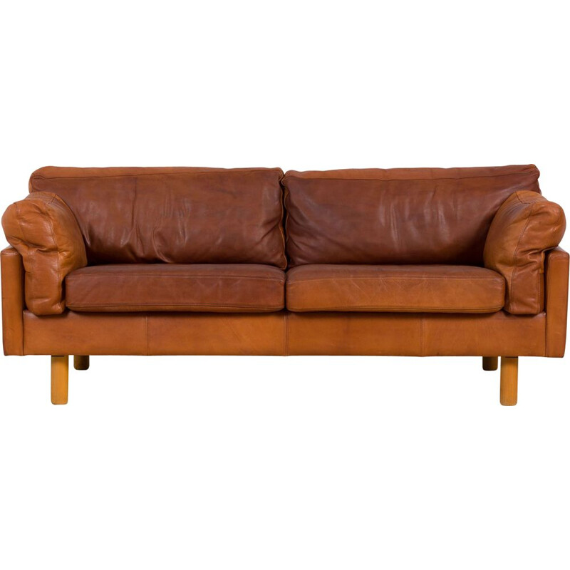 Danish vintage two and the half seater cognac leather sofa, 1970s