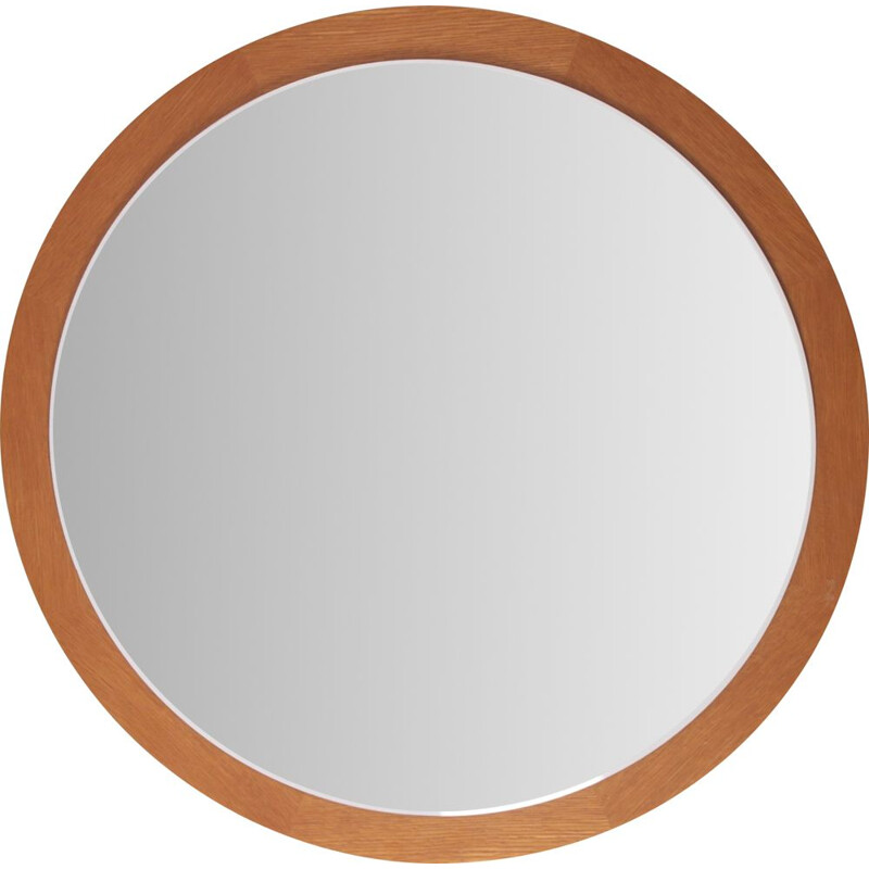 Vintage round light wooden wall mirror, Denmark 1960s