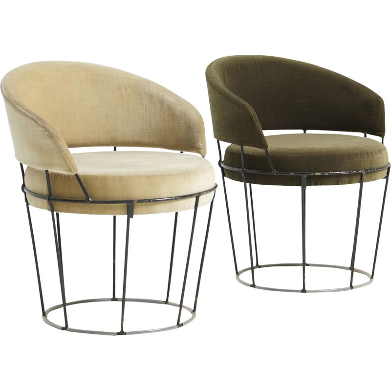 Pair of vintage wireframe cocktail armchairs, 1950s