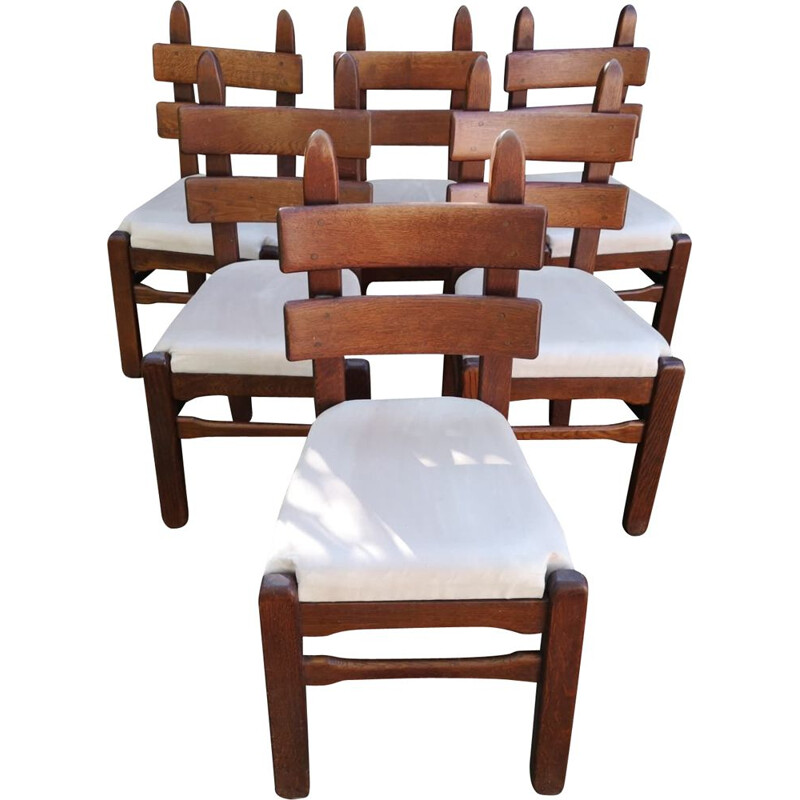 Set van 6 vintage Brutalistische stoelen in massief eikenhout en alcantara