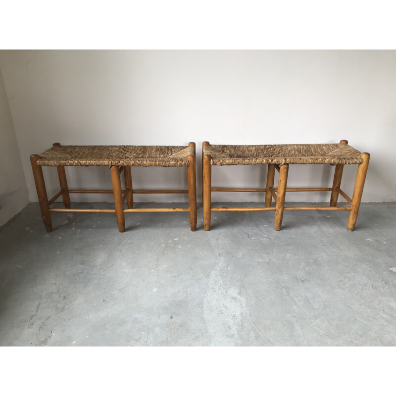 Pair of vintage straw benches, 1950