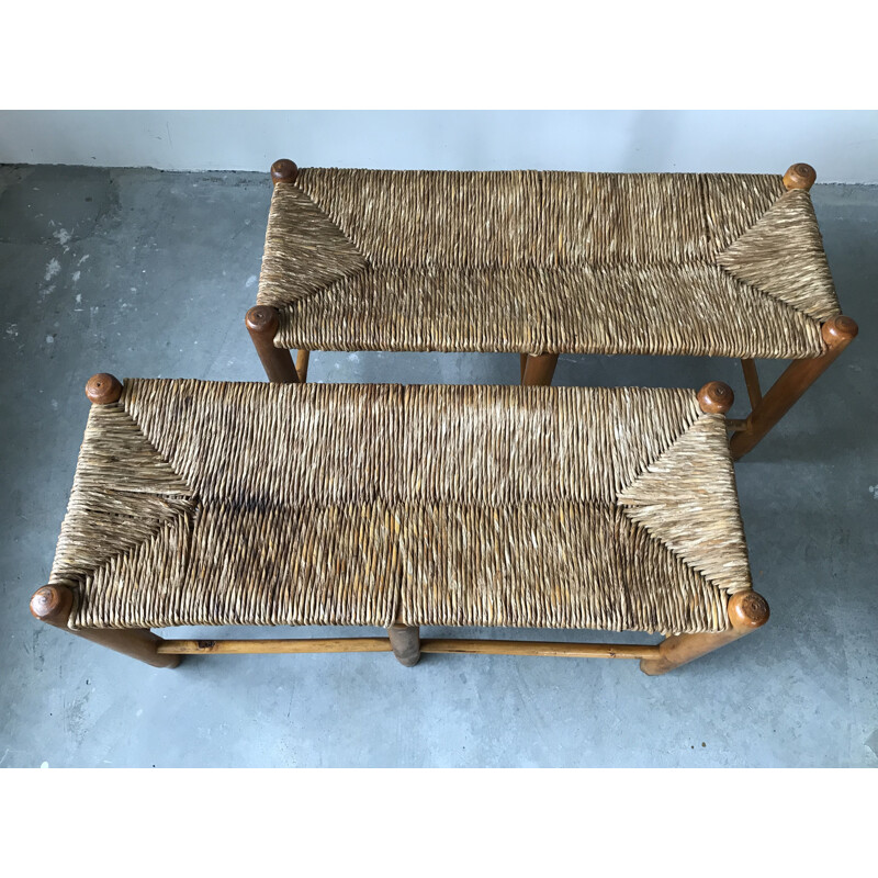 Pair of vintage straw benches, 1950