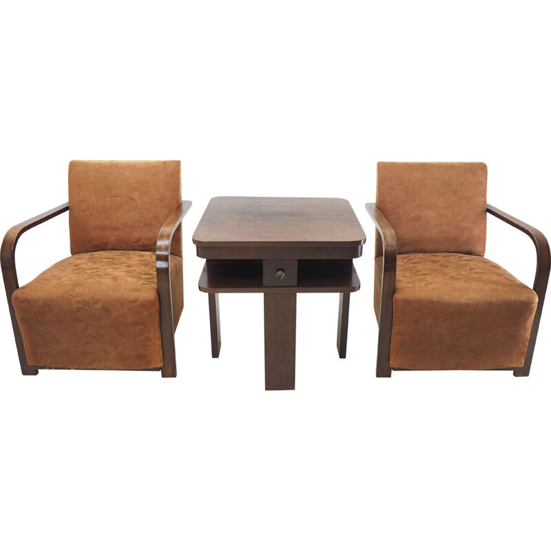 Pair of vintage Art deco armchairs with coffee table, 1930s