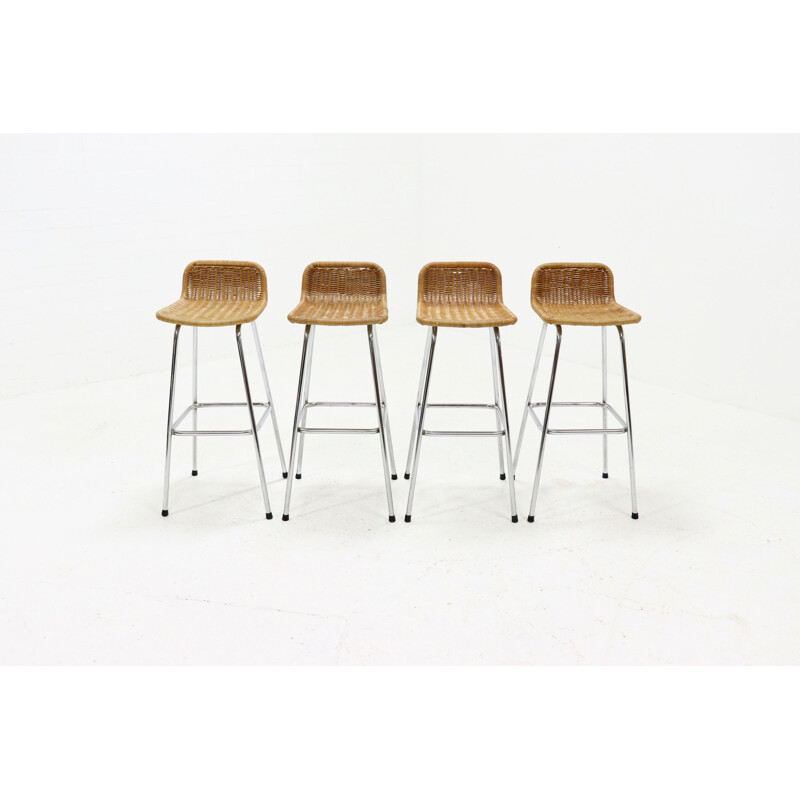 Set of 4 vintage chromed steel and rattan bar stools by Rohé Noordwolde, 1960s