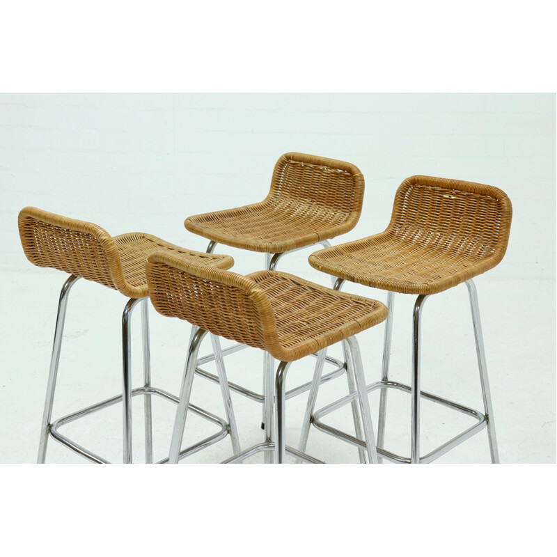 Set of 4 vintage chromed steel and rattan bar stools by Rohé Noordwolde, 1960s
