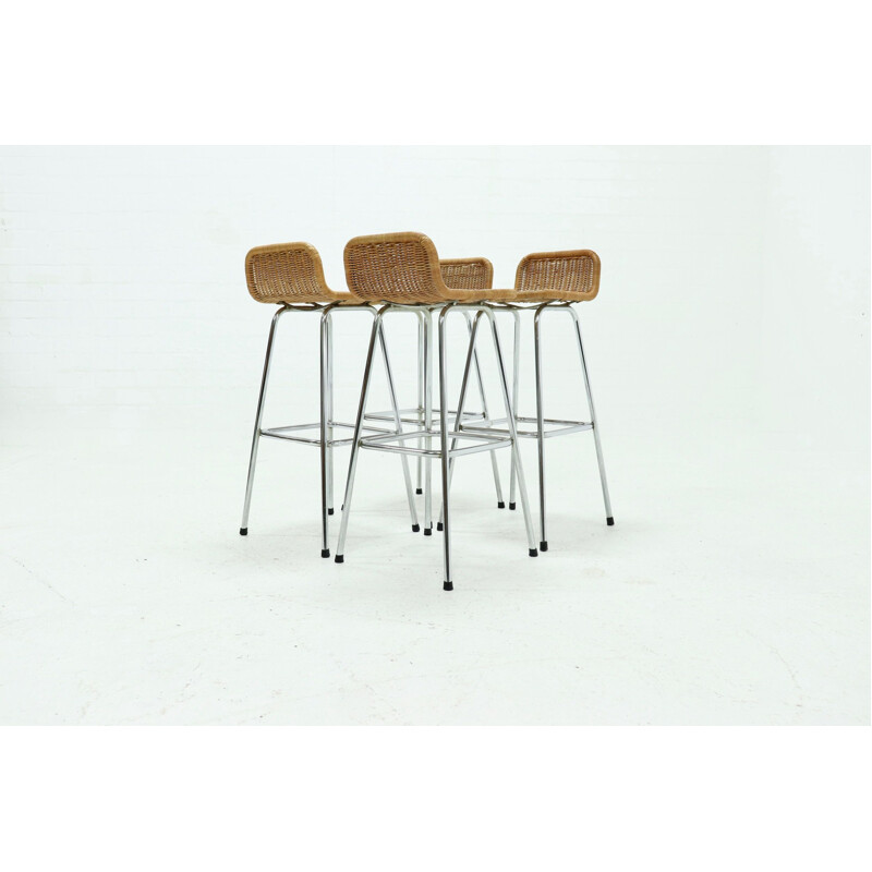 Set of 4 vintage chromed steel and rattan bar stools by Rohé Noordwolde, 1960s