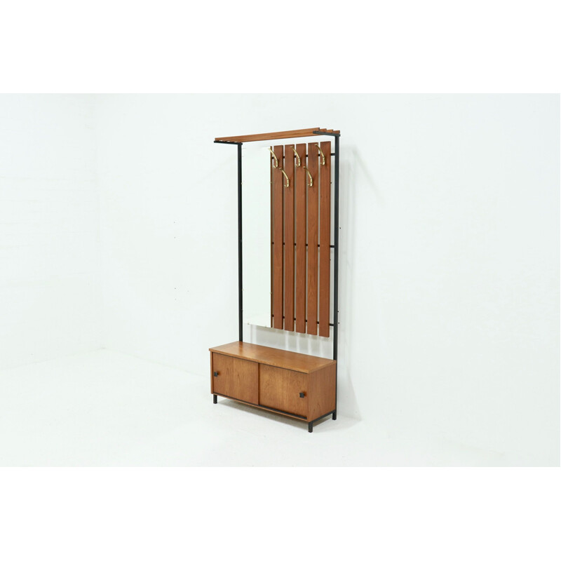 Appendiabiti vintage in acciaio e teak con specchio, 1960