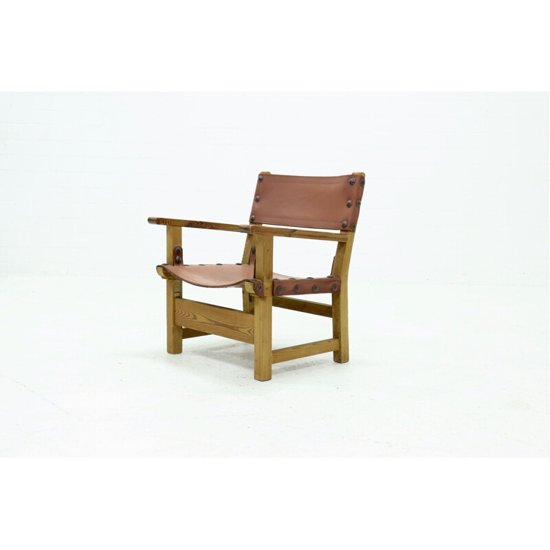 Vintage brutalist armchair in pine and cognac leather, 1960s