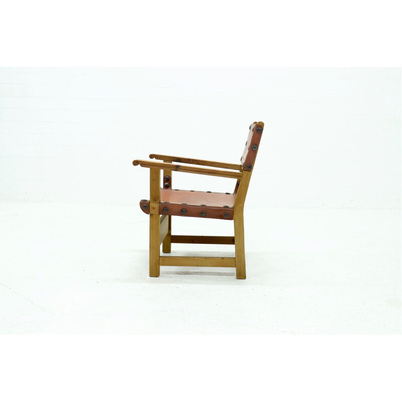 Vintage Brutalistische fauteuil in grenen en cognac leer, 1960