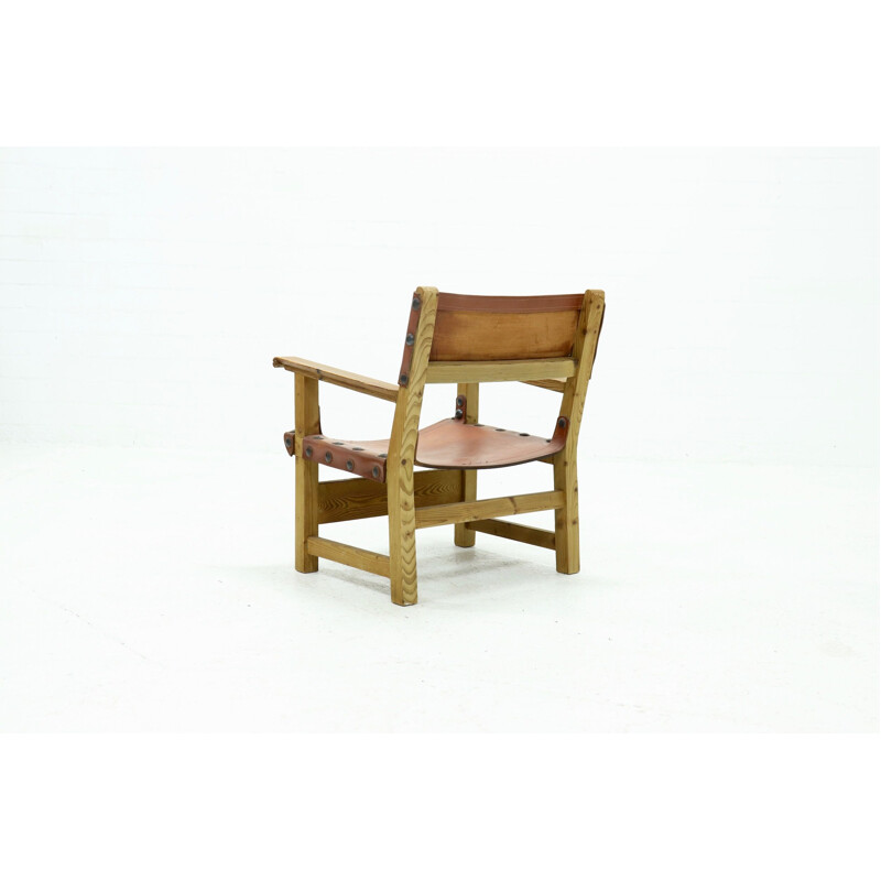 Vintage brutalist armchair in pine and cognac leather, 1960s