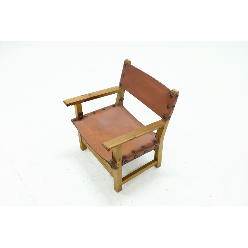 Vintage brutalist armchair in pine and cognac leather, 1960s