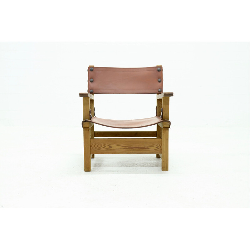 Vintage brutalist armchair in pine and cognac leather, 1960s