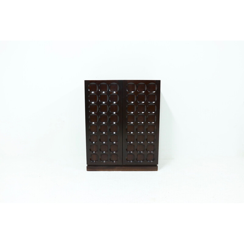 Belgian vintage brutalist graphical mahogany highboard by Defour, 1970s