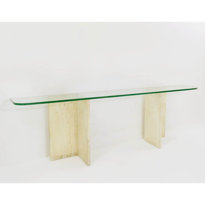 Table console italienne vintage en travertin et verre, 1970