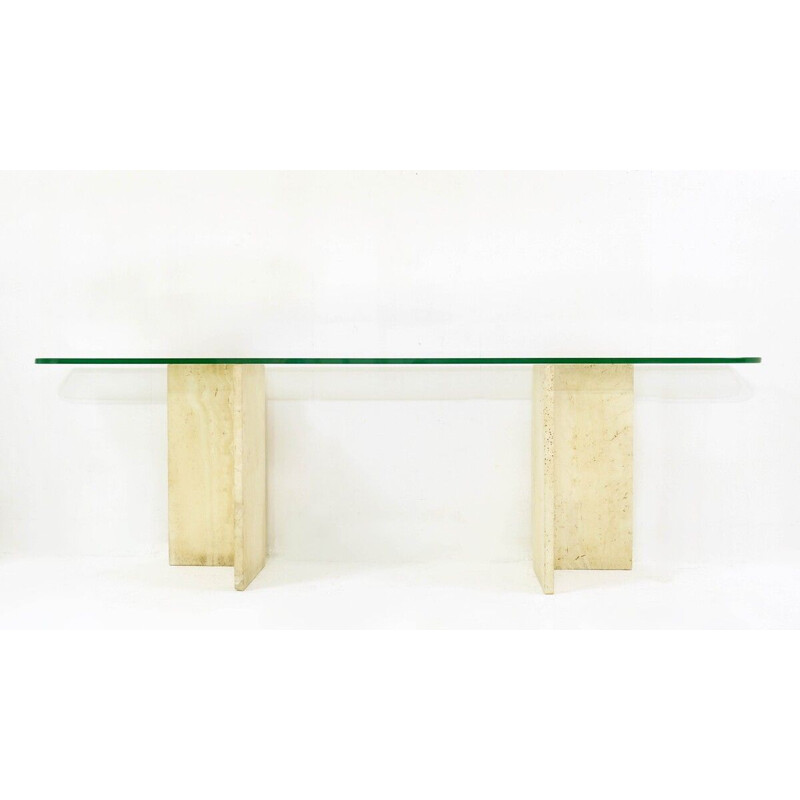 Table console italienne vintage en travertin et verre, 1970