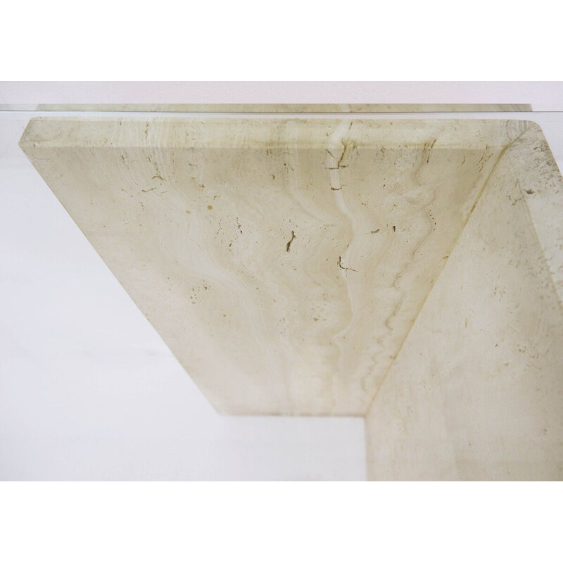 Table console italienne vintage en travertin et verre, 1970