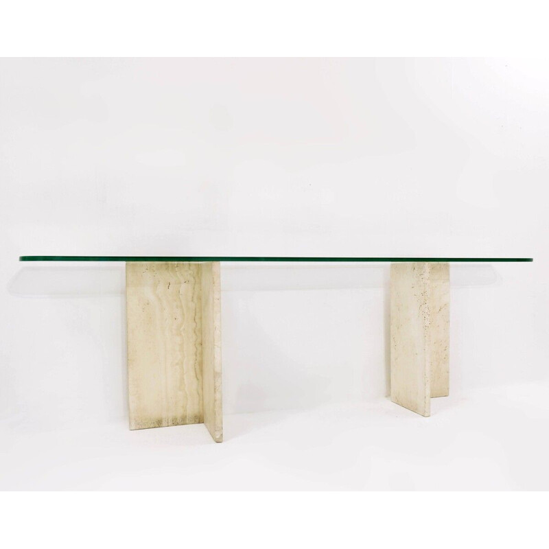 Italian vintage travertine and glass top console table, 1970s