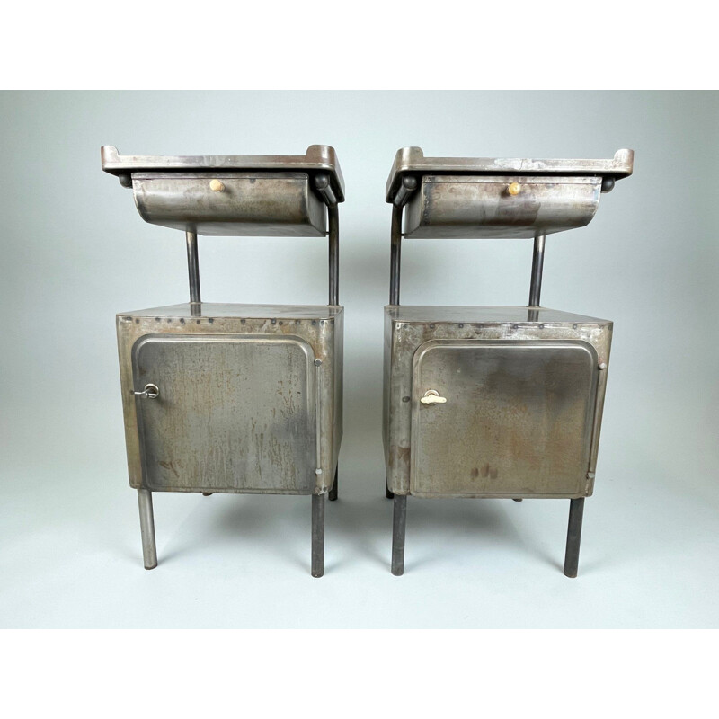 Pair of vintage brushed steel night stands, 1920s