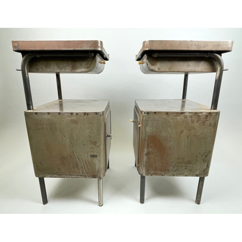 Pair of vintage brushed steel night stands, 1920s