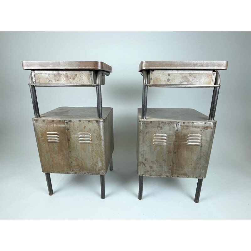 Pair of vintage brushed steel night stands, 1920s