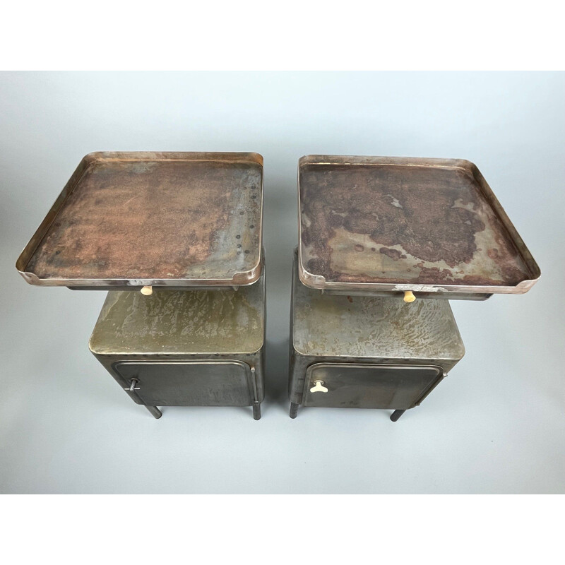 Pair of vintage brushed steel night stands, 1920s
