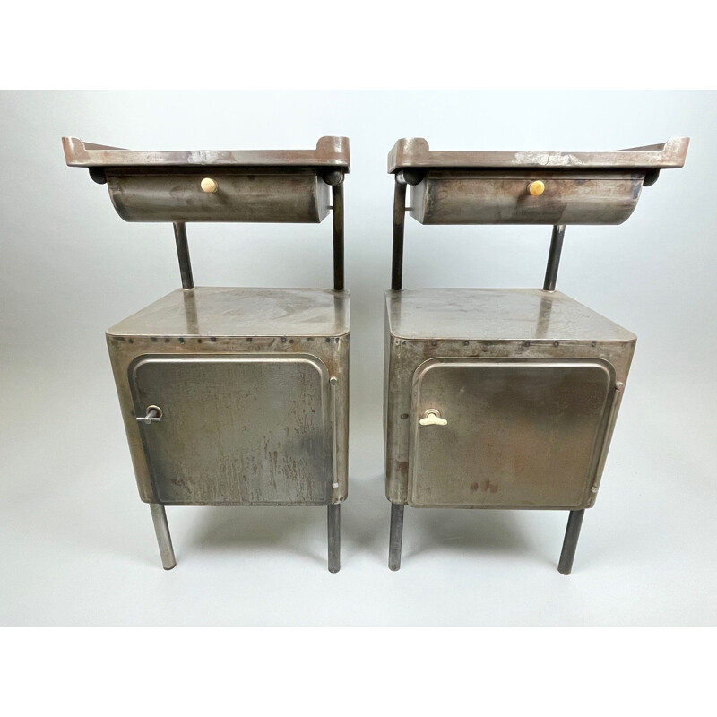 Pair of vintage brushed steel night stands, 1920s