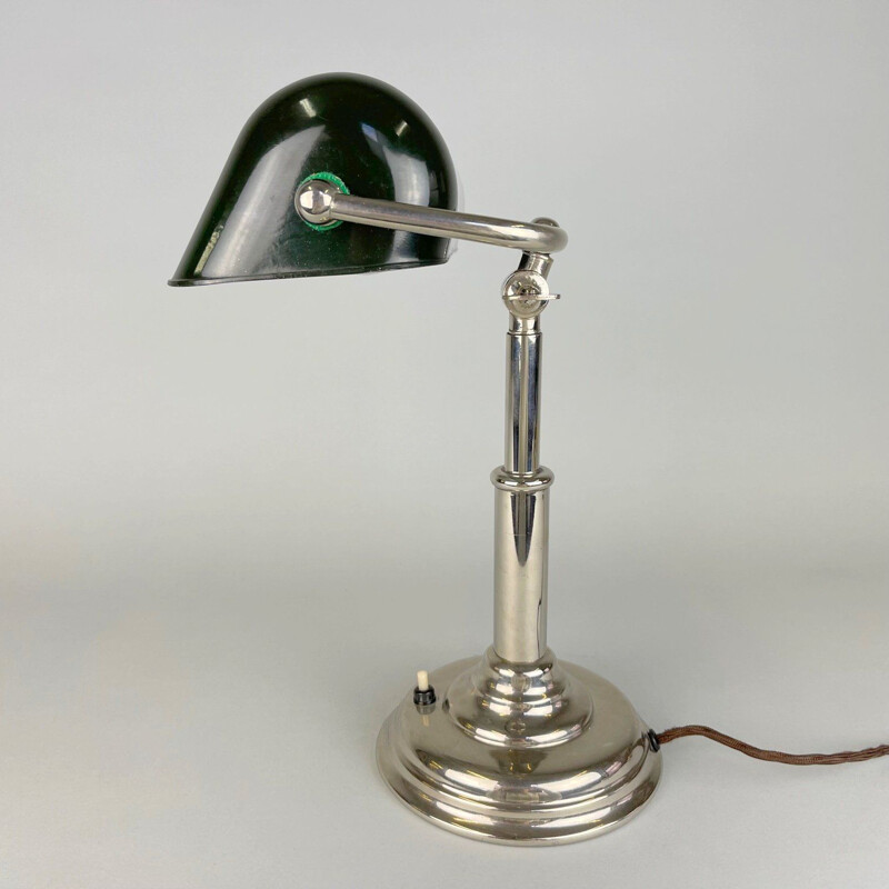 Vintage nickel plated bank lamp, Czechoslovakia 1940s